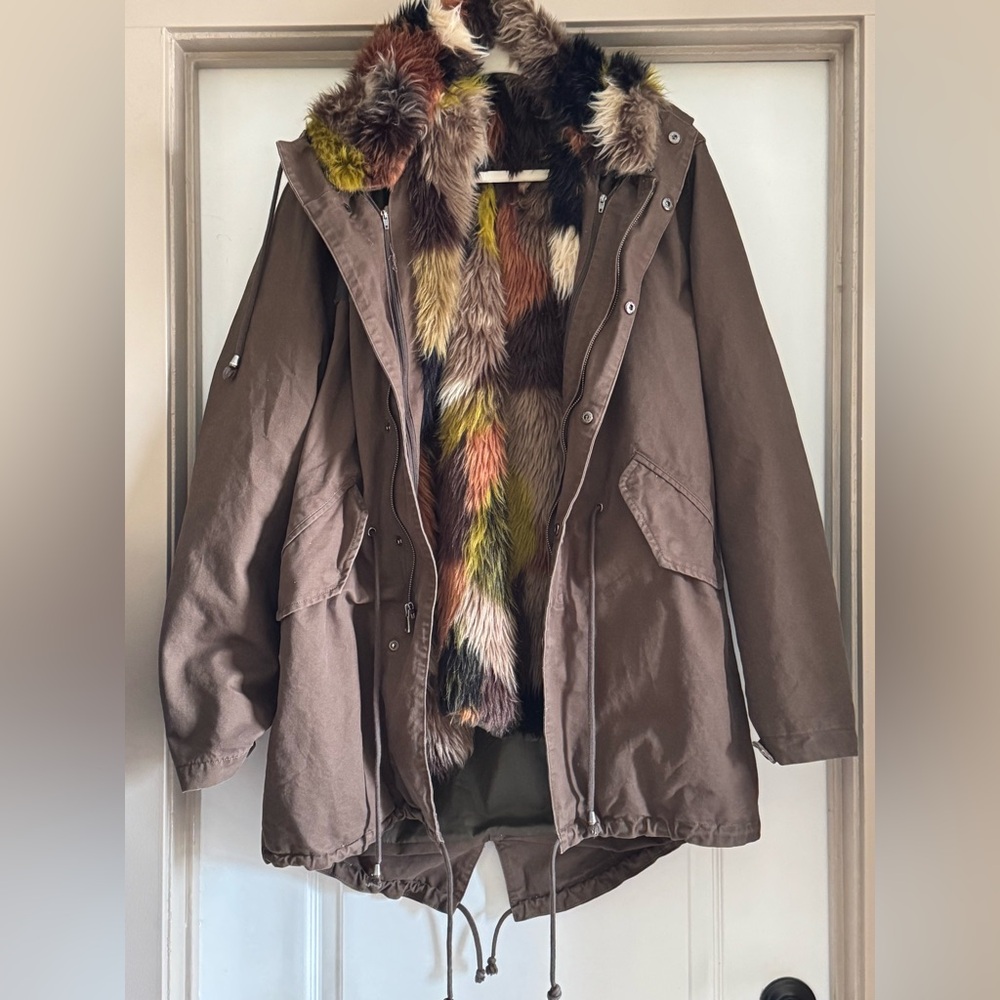 Mens Sz. L Brn. Faux Fur 3 in 1 Cotton Canvas Zip Parka Jacket Coat Streetwear
